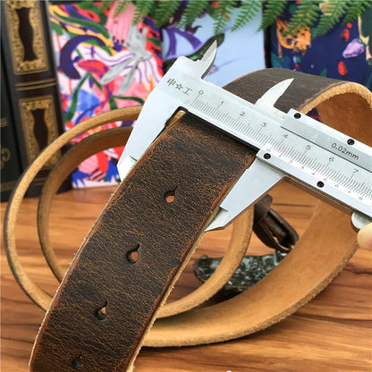 Yellow Brown / 105 cm Vintage Leather Belt for Men with Brass Owl Buckle - skyjackerz