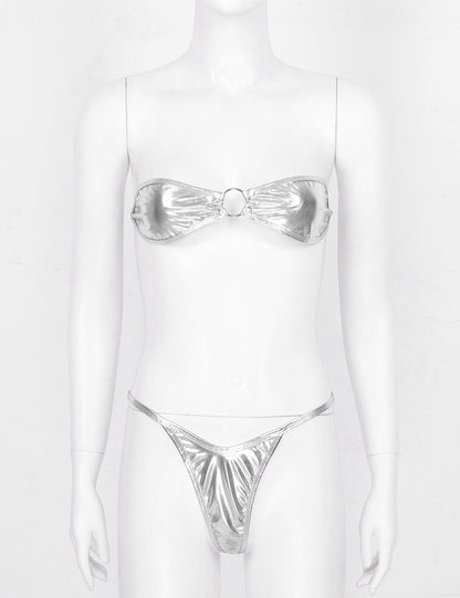 Silver Women's Shiny Leather Bikini Set - skyjackerz