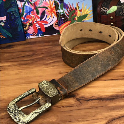 Black / 95 cm Men's Brass Buckle Leather Belt - Chinese Dragon Design - skyjackerz