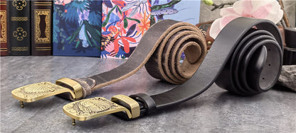 Yellow Brown / 95 cm Men's Cowboy Leather Belt with Brass Chief Buckle - skyjackerz