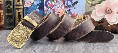 Yellow Brown / 95 cm Men's Cowboy Leather Belt with Brass Chief Buckle - skyjackerz