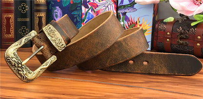 Black / 95 cm Men's Brass Buckle Leather Belt - Chinese Dragon Design - skyjackerz