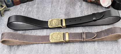 Yellow Brown / 95 cm Men's Cowboy Leather Belt with Brass Chief Buckle - skyjackerz