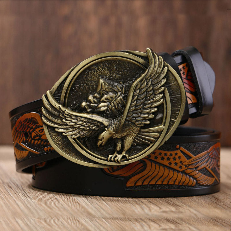 Eagle Buckle - Bronze / Black / 105 cm Eagle Embossed Leather Men's Cowskin Belt - skyjackerz