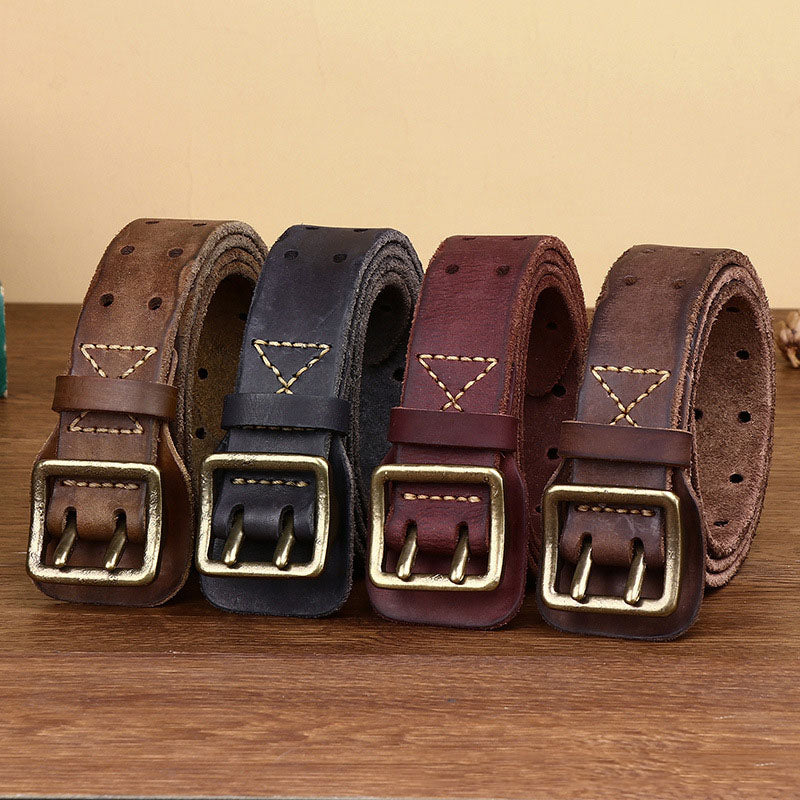 Men's Distressed Leather Double Pin Belt - skyjackerz