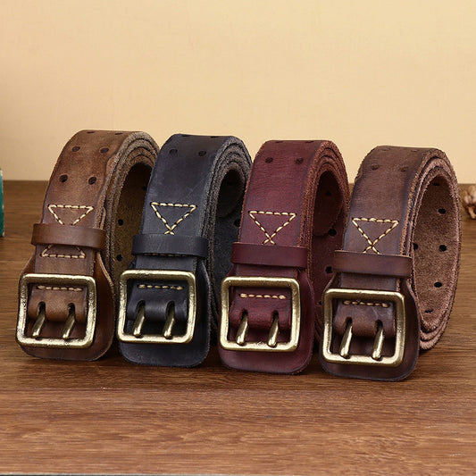 Men's Distressed Leather Double Pin Belt - skyjackerz