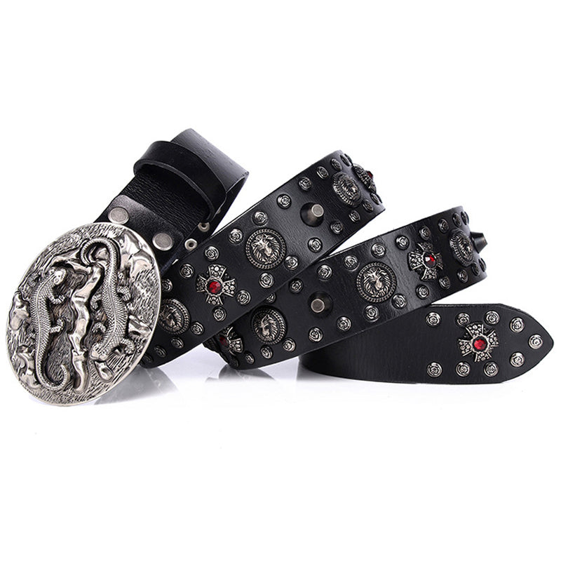 Black / 105 cm Retro Designer Rivet Leather Belt For Men - skyjackerz