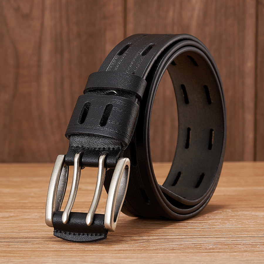 Coffee - 3.8 cm / 105 cm Men's Double Pin Buckle Fancy Leather Belt - skyjackerz