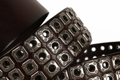 Black / 100 cm Cross Rivet Cowboy Leather Belt for Men - skyjackerz