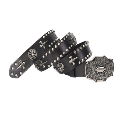 Black / 105 cm Men's Vintage Punk Style Leather Belt - skyjackerz