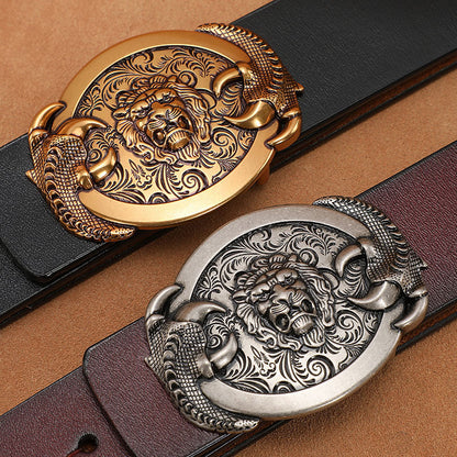 Gold - Black / 110 cm Exotic Lion Totem Alloy Buckle Leather Belt for Men - skyjackerz