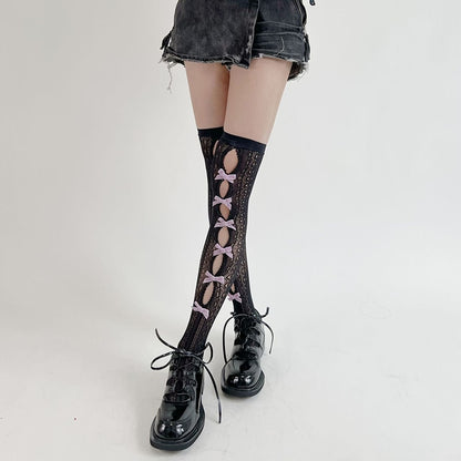 Balck with White Bows / S Princess Thigh High Lace Stocking - skyjackerz
