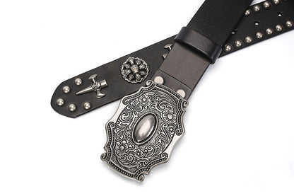 Black / 105 cm Men's Vintage Punk Style Leather Belt - skyjackerz