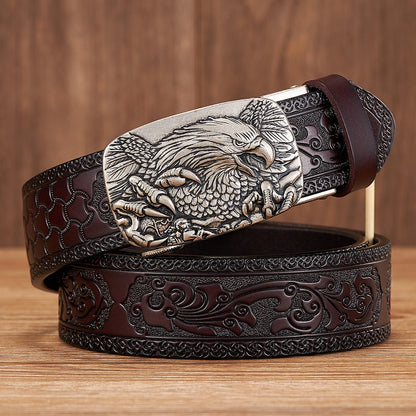 Gold - Black / 100 cm Men's Automatic Leather Belt with Eagle Alloy Buckle - skyjackerz