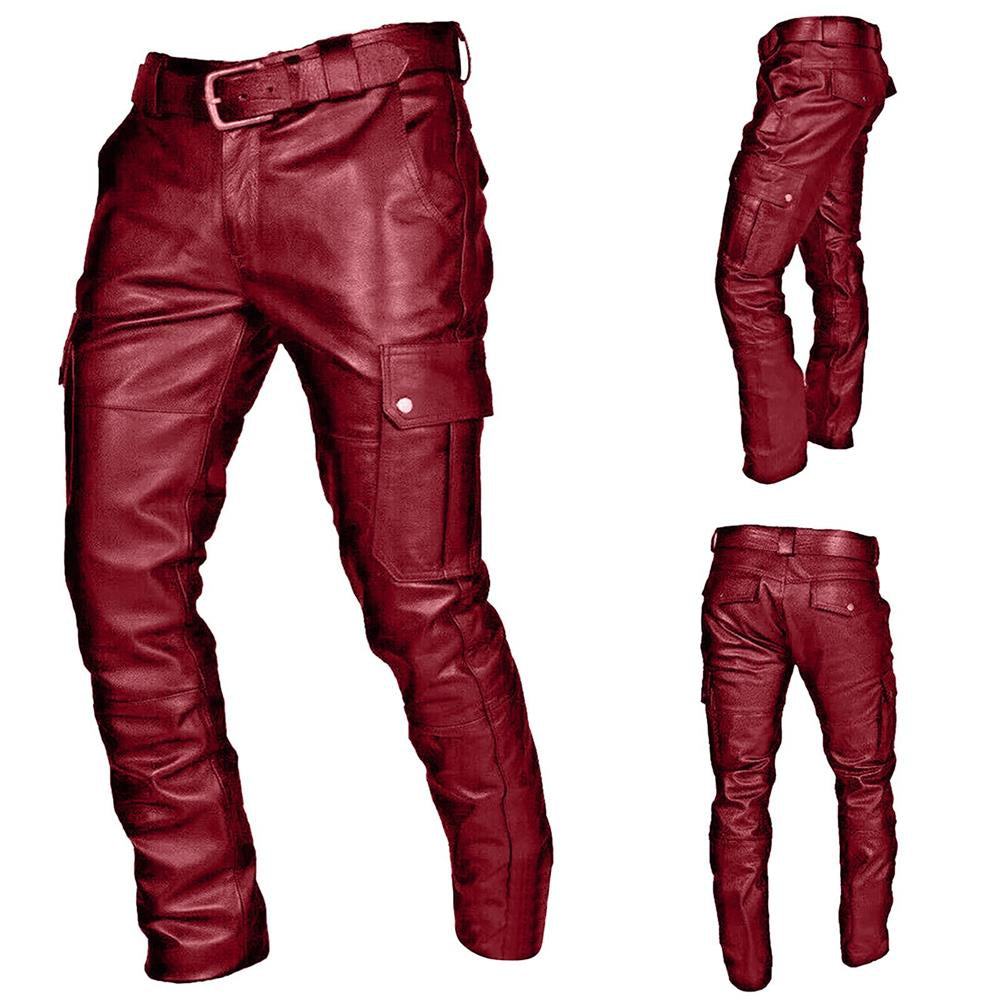 Red / S Men's Fashion Pocketed Leather Pants - skyjackerz