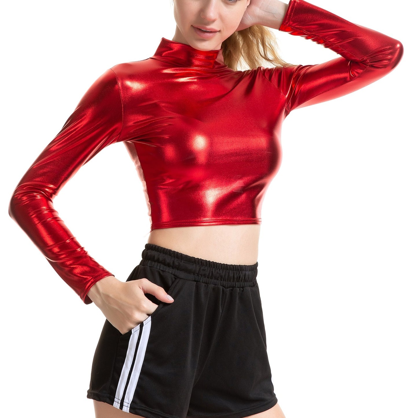 Red / S Women Leather Glossy Club Top - skyjackerz