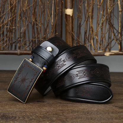 Black / 100 cm Men's Retro Smooth Buckle Genuine Leather Belt - skyjackerz