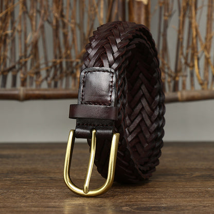 Coffee / 100 cm Men's Designer Woven Leather Belt - skyjackerz