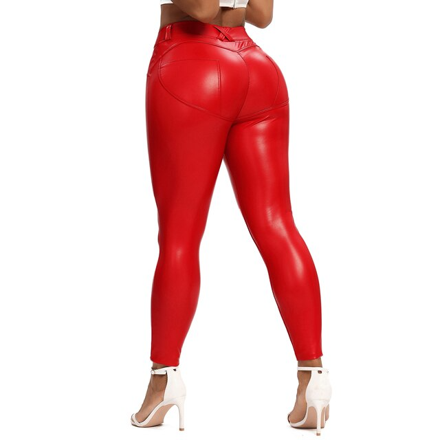 Red / S Women's Shiny Leather Pants - skyjackerz