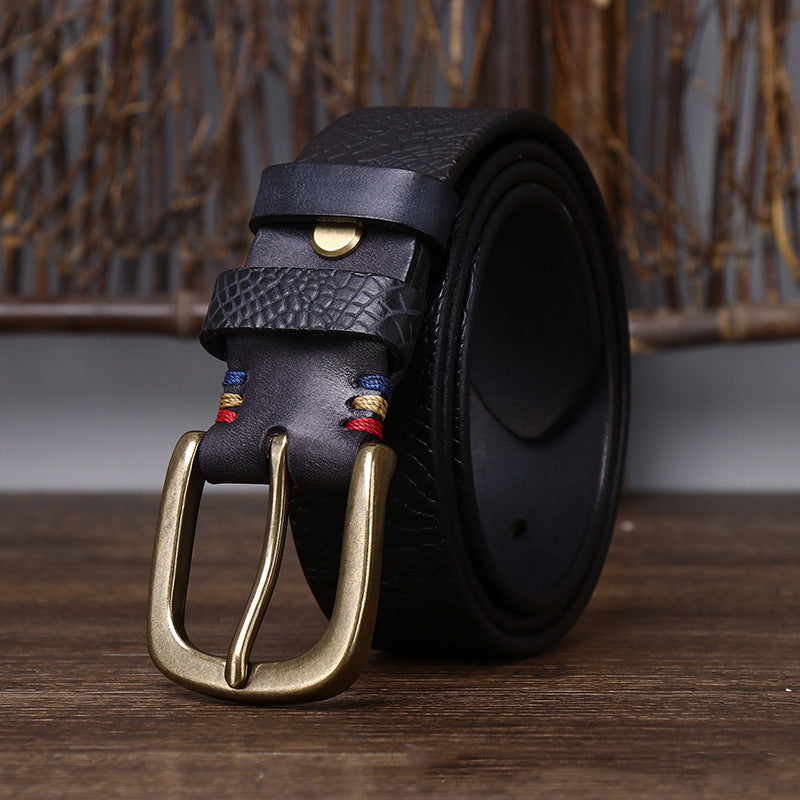 Black / 105 cm Men's Designer Brass Buckle Leather Belt - skyjackerz