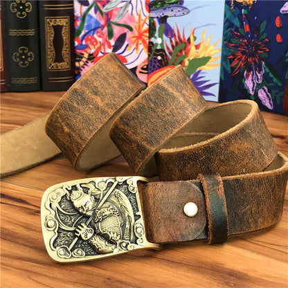 Yellow Brown / 95 cm Men's Brass Buckle Leather Belt - Monkey King Design - skyjackerz