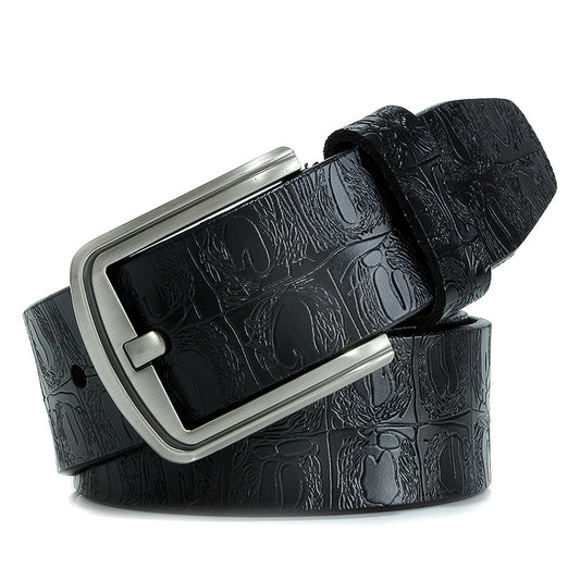 Black / 100 cm Men's Designer Embossed Leather Belt - skyjackerz