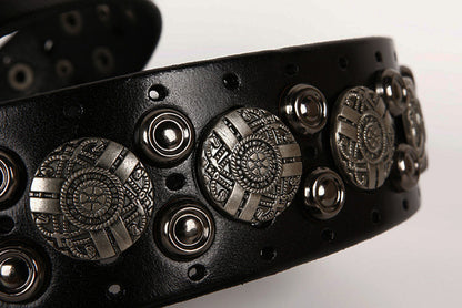Black / 105 cm Men's Metal Rivet Cowboy Leather Belt - skyjackerz