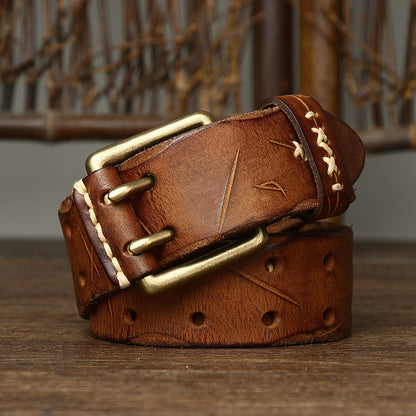Brown / 105 cm Men's Exquisite Brass Buckle Leather Belt - skyjackerz