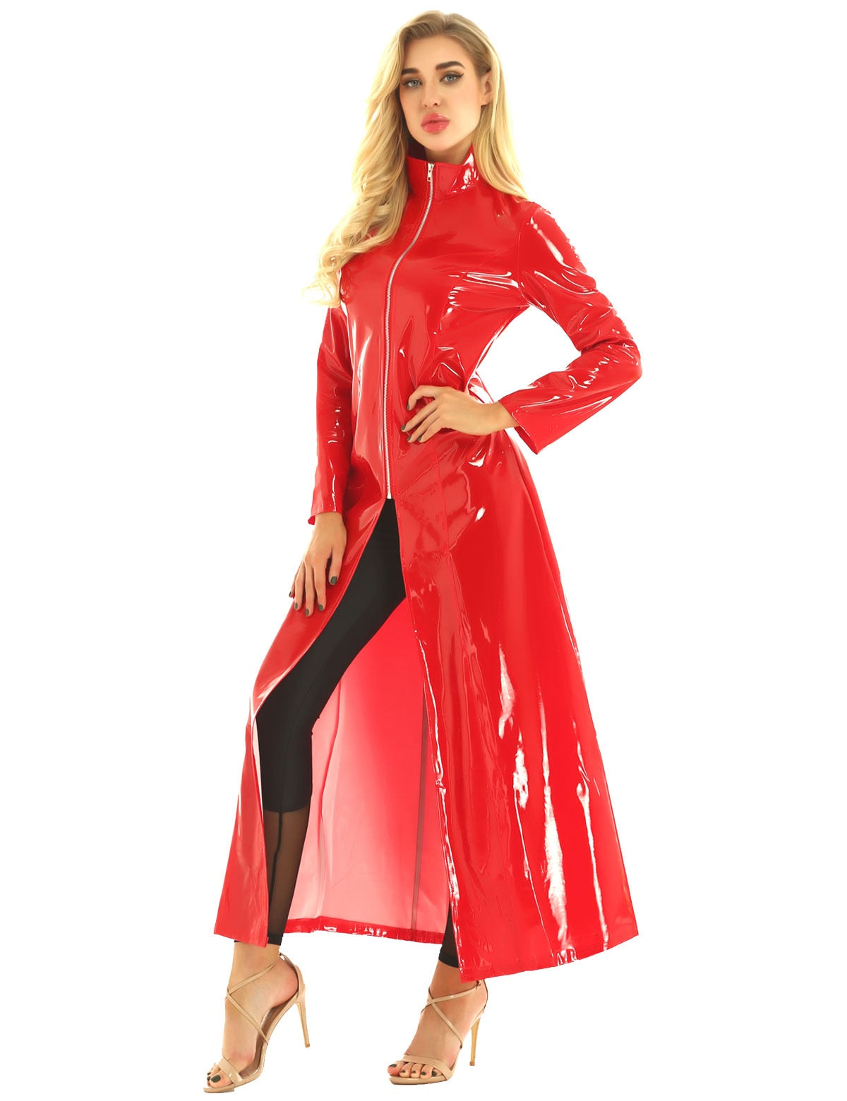 Red / S Women's Wet look Long Leather Dress - skyjackerz