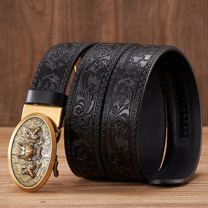 Gold - Black / 100 cm Automatic Embossed Leather Belt for Men - Wolf Design - skyjackerz