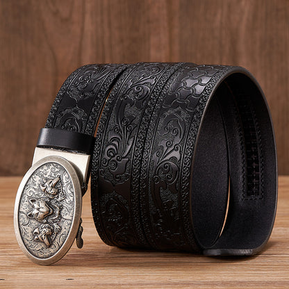 Gold - Black / 100 cm Automatic Embossed Leather Belt for Men - Wolf Design - skyjackerz
