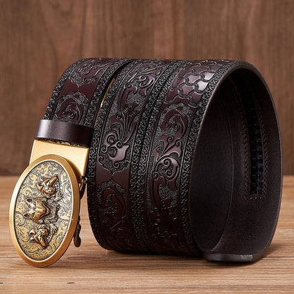 Gold - Black / 100 cm Automatic Embossed Leather Belt for Men - Wolf Design - skyjackerz