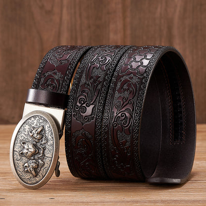 Gold - Black / 100 cm Automatic Embossed Leather Belt for Men - Wolf Design - skyjackerz