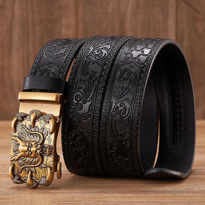 Gold - Black / 100 cm Men's Automatic Embossed Leather Belt - Dragon Design - skyjackerz