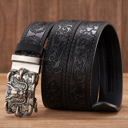 Gold - Black / 100 cm Men's Automatic Embossed Leather Belt - Dragon Design - skyjackerz