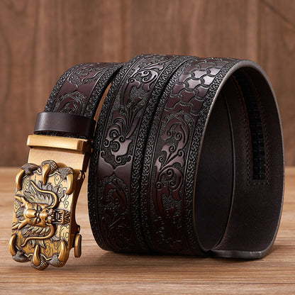 Gold - Black / 100 cm Men's Automatic Embossed Leather Belt - Dragon Design - skyjackerz