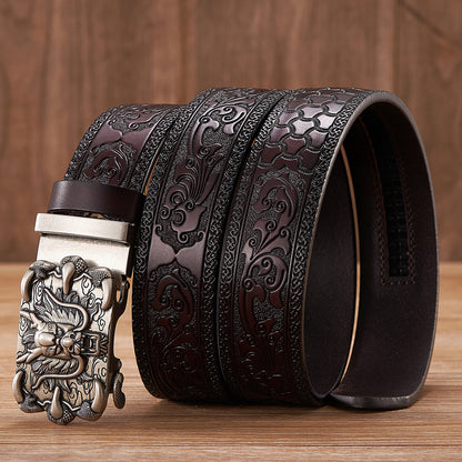 Gold - Black / 100 cm Men's Automatic Embossed Leather Belt - Dragon Design - skyjackerz