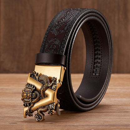 Golden V Black / 100 cm Men's Automatic Leather Belt with Dragon Alloy Buckle - skyjackerz