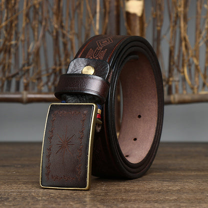 Coffee / 100 cm Men's Retro Smooth Buckle Genuine Leather Belt - skyjackerz
