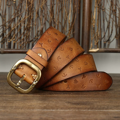 Brown / 105 cm Men's Embossed Designer Genuine Leather Belt - skyjackerz