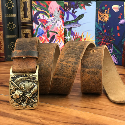 Yellow Brown / 95 cm Men's Brass Buckle Leather Belt - Monkey King Design - skyjackerz