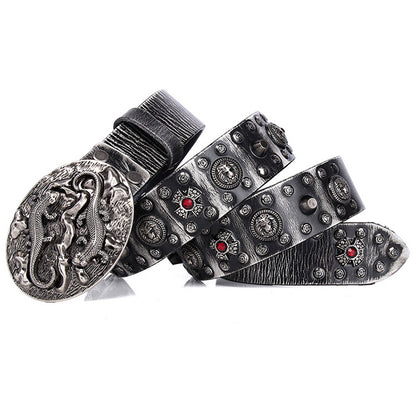 Retro White / 105 cm Men's Retro Designer Leather Belt with Rivets - skyjackerz