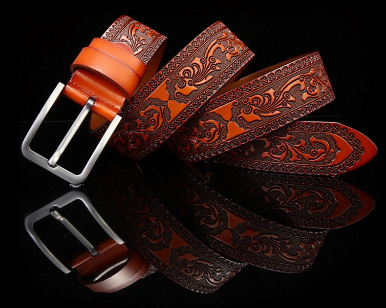 Orange / 100 cm Men's Premium Embossing Leather Belt - skyjackerz