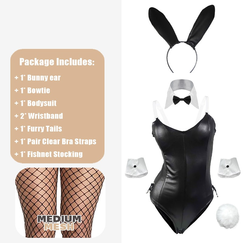 Black / With Medium Mesh Pantyhose / M Cute Bunny Leather Set for Women - skyjackerz