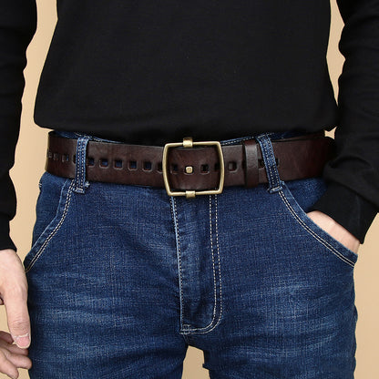 Reddish Brown / 105 cm Men's Vintage Brass Buckle Leather Belt - skyjackerz