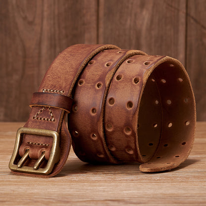 Khaki / 105 cm Men's Handmade Leather Belt with Stap Buckle - skyjackerz