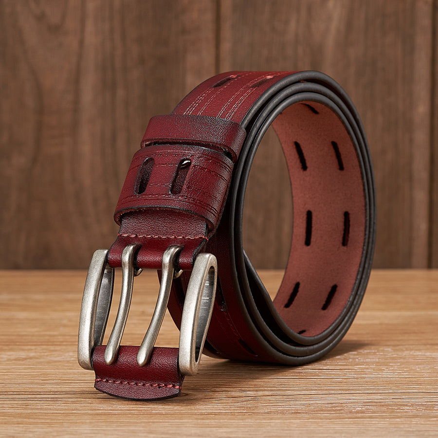 Red Brown - 3.8 cm / 105 cm Men's Double Pin Buckle Fancy Leather Belt - skyjackerz