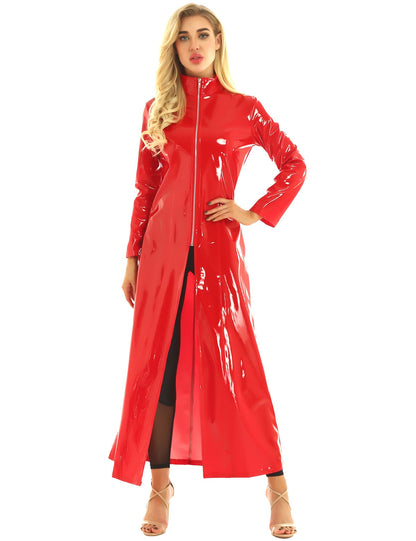 Women's Wet look Long Leather Dress - skyjackerz