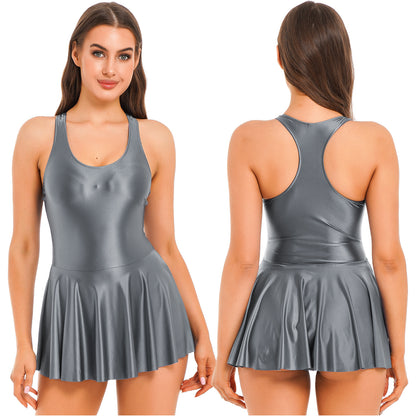 Dark Gray / S Women Leather Leotard Party Dress - skyjackerz