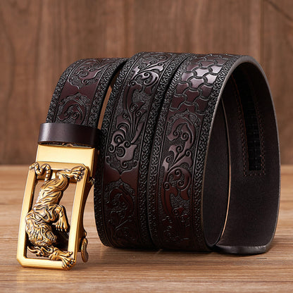 Gold - Coffee / 100 cm Tiger Design Automatic Embossed Leather Belt for Men - skyjackerz